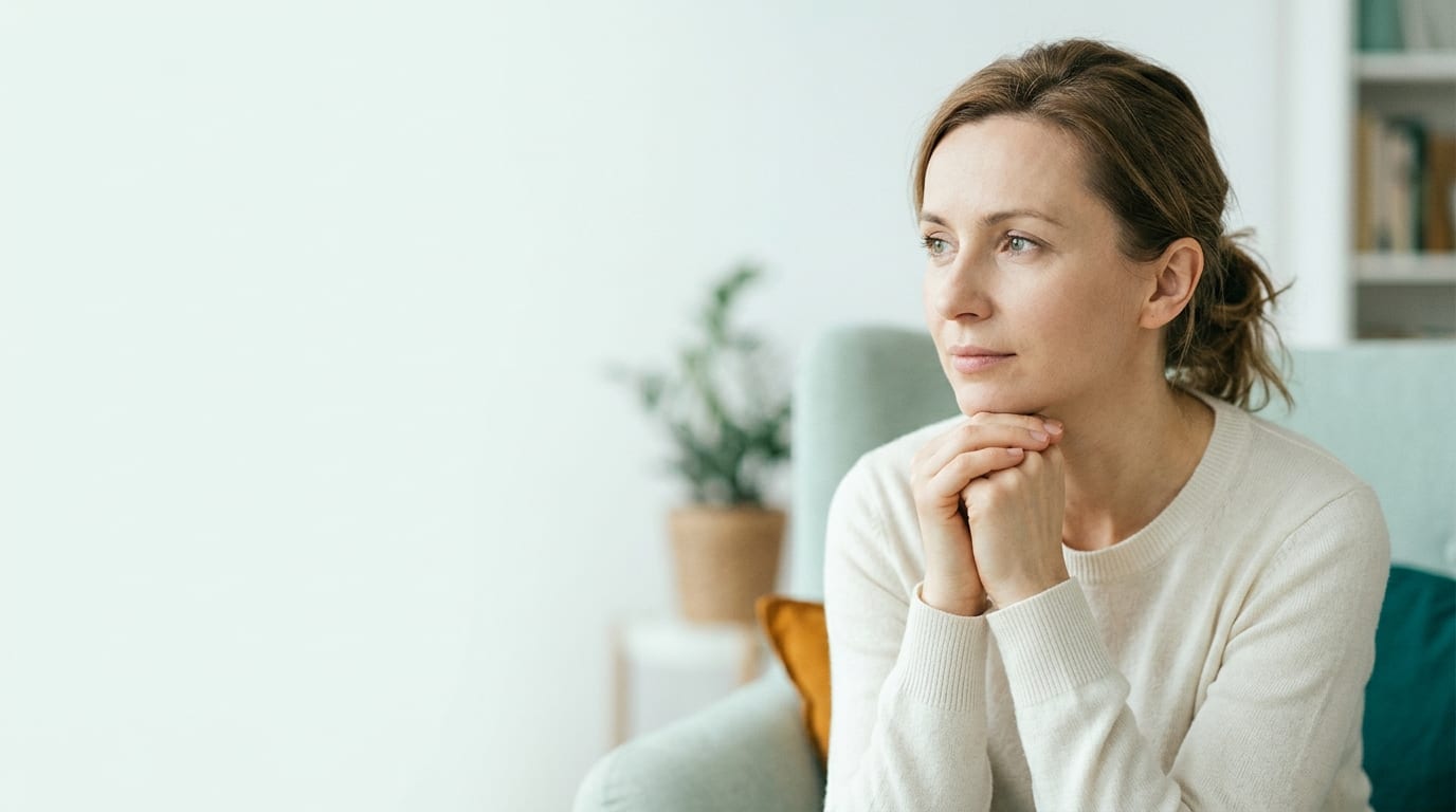 Spokojny portret kobiety w jasnym wnętrzu — ilustracja edukacyjna przed konsultacją o lipolizie, bez treści reklamowej zabiegu